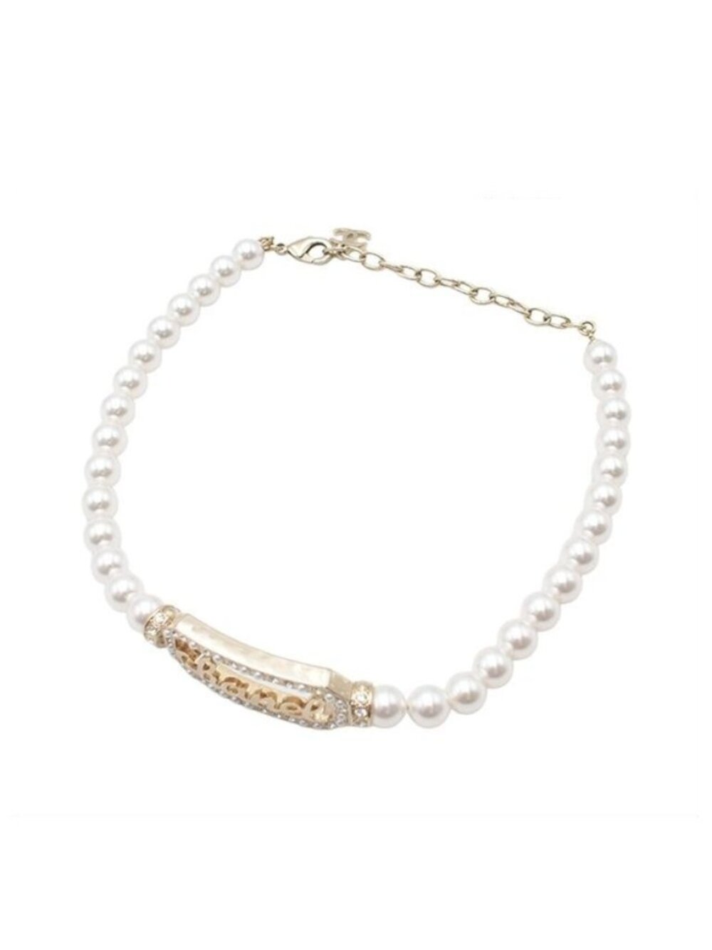 Chanel Choker Light Gold Metal Faux Pearl Rhinestone 23 b Necklace